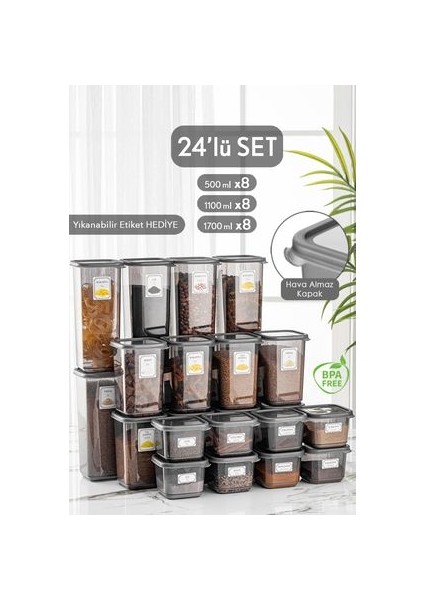 24'lü Mega Set Pino Kare Erzak Saklama Kabı Seti Antrasit 8x(0,50 Lt-1,10 Lt -1,70 Lt) Etiketli