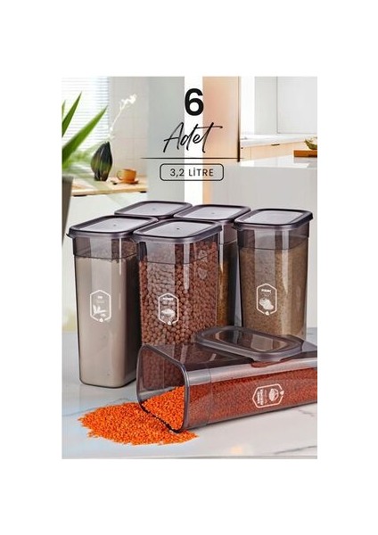 6'lı Antrasit Moly Dikdörtgen Saklama Kabı Seti 3200ML - Çoklu Set Yapılabilen Set Erzak