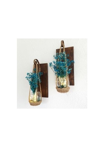 Dekoratif Duvar Apliği Seti Eskitme Ferforje Askılı Ceviz Ahşap 14x30 cm Gün Işığı LED Işıklı Çiçekli modelleri