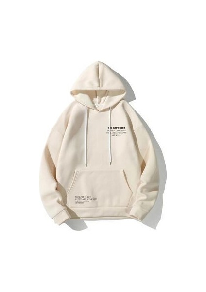 Unisex Bej Happiest Baskılı Oversize Kapşonlu Sweatshirt