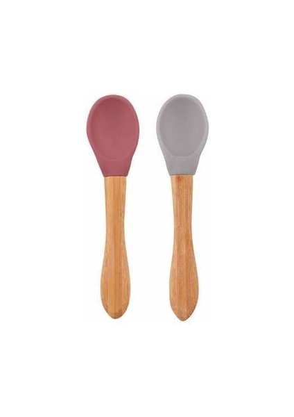 Silikon Mama Kaşığı 2'li Bambu Saplı - Powder Grey/velvet Rose