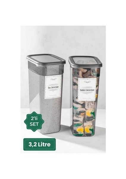 Etiketli 2 Adet Toz ve Tablet Deterjan Saklama Kutusu Deterjan Saklama Kabı 3,2 Litre
