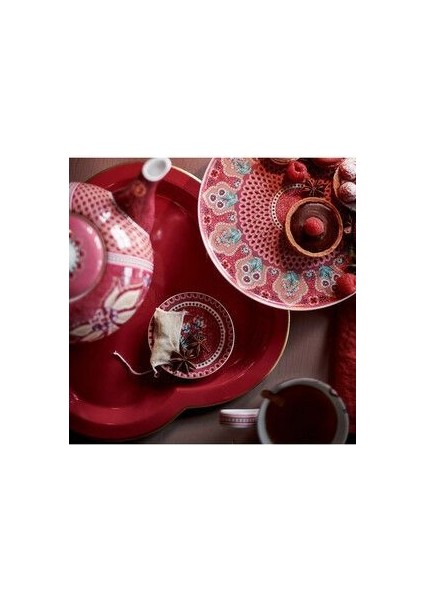 Flower Festival Kırmızı Porselen Çay Tabağı 9 cm Çiçek Desenli Şık Tasarım