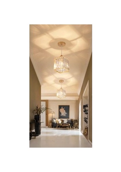 Modern Luxury Sarkıt Avize Hol Antre Sarı Kare Kristal Taşlı Avize