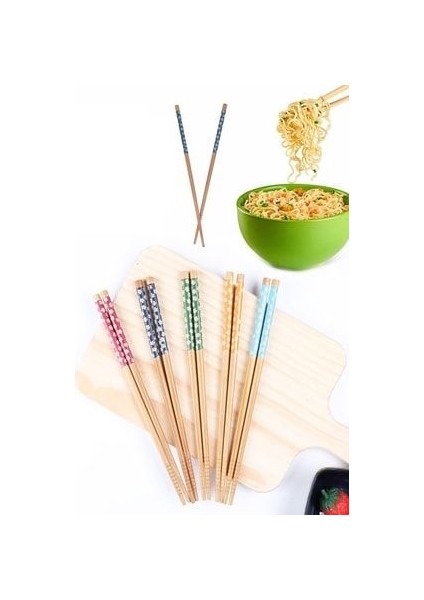 5 Çift Desenli Yıkanabilir Kore Çin Bambu Chopsticks Yemek Çubuğu