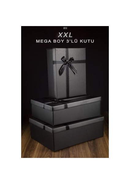 Siyah XXL 3'lü Hediye Kutusu Seti 44x34x15 41x31x13 35x27x12 Gümüş Simli Kurdele