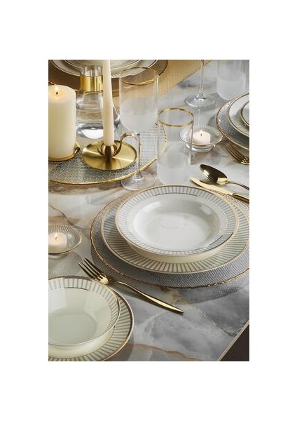 24 Parça 6 Kişilik Bone Renkli Desenli Yuvarlak Tabaklı Şık Yemek Takımı