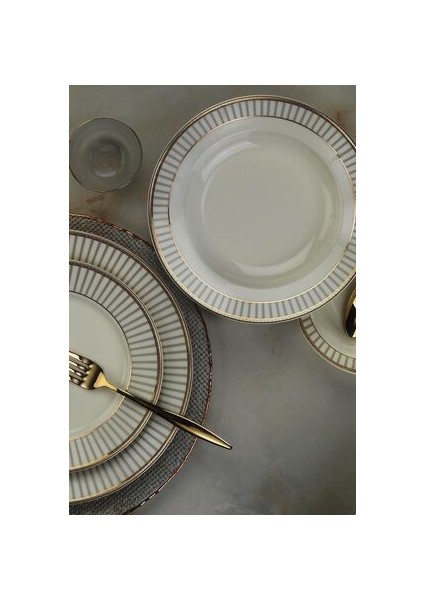 24 Parça 6 Kişilik Bone Renkli Desenli Yuvarlak Tabaklı Şık Yemek Takımı modelleri