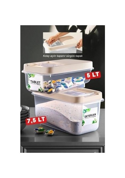 PP Plastik Kayar Kapaklı Tablet ve Deterjan Saklama Kabı Seti 5L + 7,5L, Darbeye Dayanıklı, Gıda Temasına Uygun, 2'li