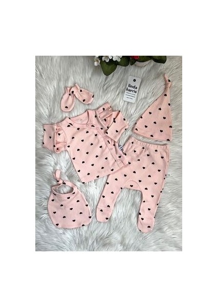 Heart Pattern Somon 5'li Yenidoğan Kız Bebek Hastane Çıkışı Seti