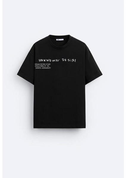 Bisiklet Yaka Unknown Desire Baskılı Oversize Siyah Erkek T-Shirt