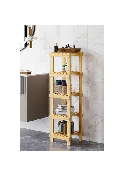 Banyo Dolabı 5 Raflı Doğal Ahşap Tasarım Suya Dayanıklı Kullanım Kolaylığı fiyatları
