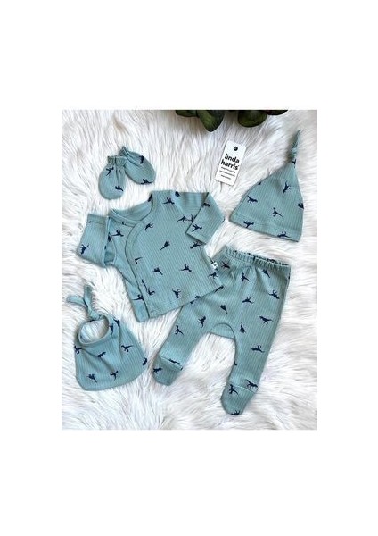 Dinosaur Pattern Mint 5'li Yenidoğan Bebek Hastane Çıkışı Seti
