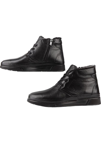 Erkek Hakiki Deri İçi Kürklü Fermuarlı Bağcıklı Bot SİYAH fiyatları