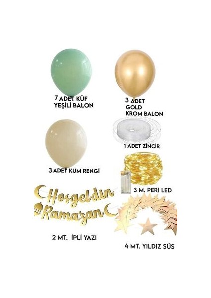 Hoşgeldin Ramazan Gold Yazı Ledli Zincir Balon Seti 11 Ayın Sultanı Ramazan Bayramı Oda Süsleme Seti