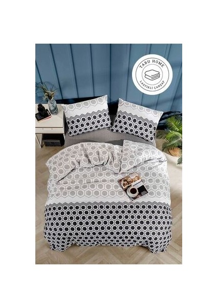 Geometrik Çarşafı Lastikli Antrasit Tek Kişilik Nevresim Takımı