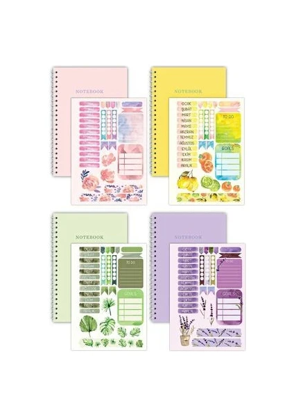 Notebook Sticker'lı 4'lü Çizgisiz Defter Seti (21 x 14,8 Cm) 120 Sayfa Spiralli Defter Seti