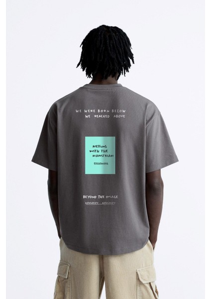 Bisiklet Yaka Unknown Desire Baskılı Oversize Füme Erkek T-Shirt
