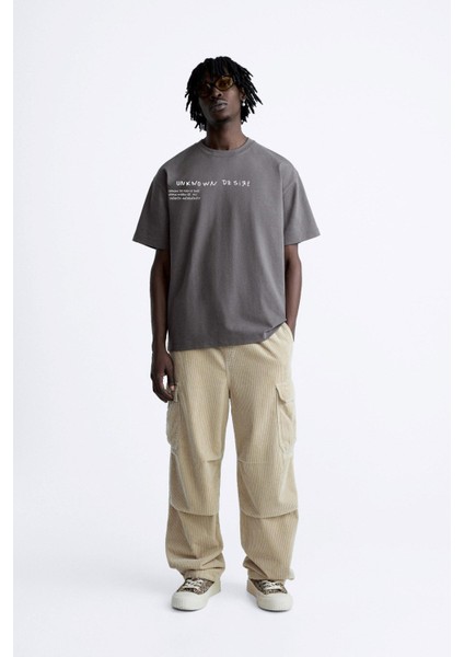 Bisiklet Yaka Unknown Desire Baskılı Oversize Füme Erkek T-Shirt