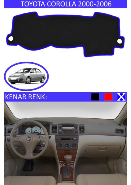 Toyota Corolla 2000-2006 Model Için Torpido Koruma Halısı Siyah Renk Mavi Kenar