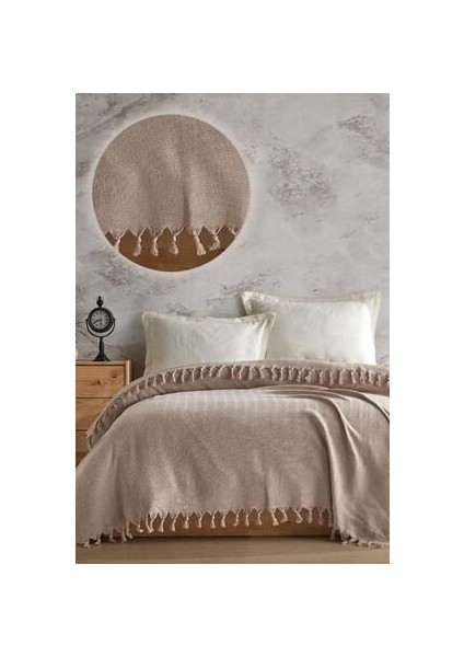 Çift Kişilik Pike Takımı %100 Geri Dönüştürülmüş Pamuk Bej Düz Desen 200x230 cm Tek Parça