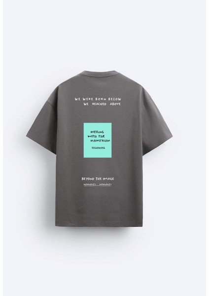 Bisiklet Yaka Unknown Desire Baskılı Oversize Füme Erkek T-Shirt