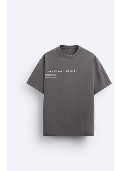 Bisiklet Yaka Unknown Desire Baskılı Oversize Füme Erkek T-Shirt