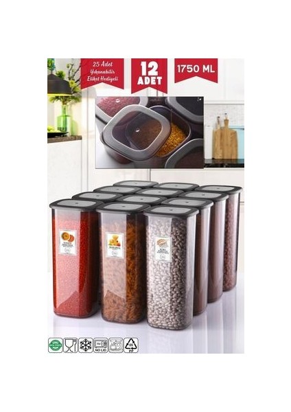 12 Adet 1750 ml Kırılmaz Suya Dayanıklı Saklama Kabı Antrasit Renkli Etiketlerle