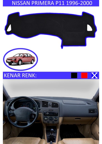 Nissan Primera 1996-2000 Model Için Torpido Koruma Halısı Siyah Renk Mavi Kenar
