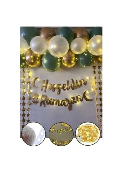 Hoşgeldin Ramazan Gold Yazı Ledli Zincir Balon Seti Ramazan Bayramı Oda Süsleme Seti