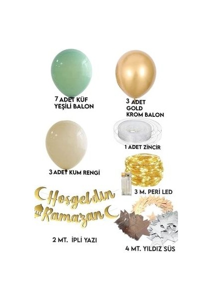 Hoşgeldin Ramazan Gold Yazı Ledli Zincir Balon Seti Ramazan Bayramı Oda Süsleme Seti