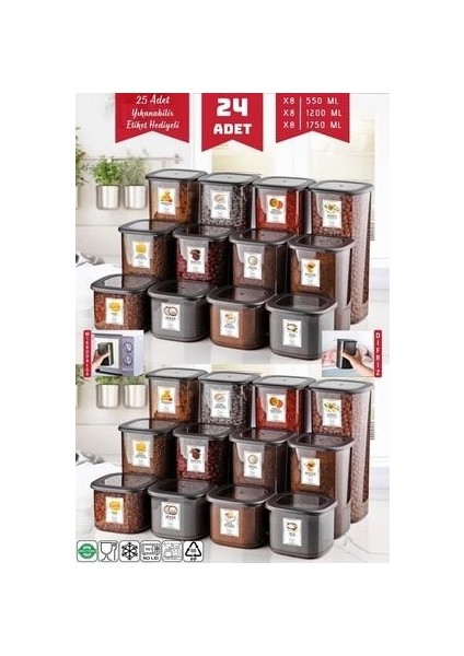 24'lü Set Etiketli, Kırılmaz Kare Erzak Saklama Kabı Antrasit X8 1,75 Lt/1,2 Lt/0,5 Lt