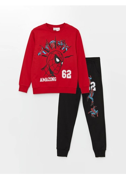 Kids Canlı Kırmızı Bisiklet Yaka Spiderman Baskılı Uzun Kollu Erkek Çocuk Sweatshirt ve Eşofman Altı