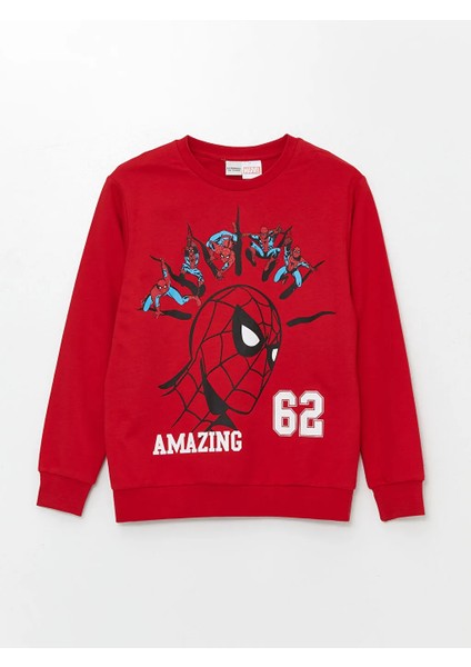 Kids Canlı Kırmızı Bisiklet Yaka Spiderman Baskılı Uzun Kollu Erkek Çocuk Sweatshirt ve Eşofman Altı