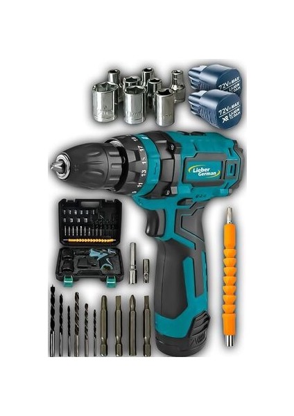 Torq 58VOLT 12 Ah 27 Pcs Setli Korumalı Çelik Şanzuman 2 Akülü Vidalama Şarjlı Matkap