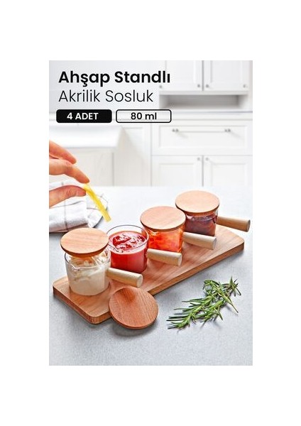 Kitchen Life 4 Adet Ahşap Kapaklı Standlı Reçellik Sosluk Sofra Sunum Kahvaltı Seti 80 ml