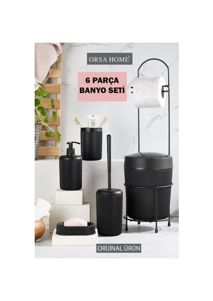 Orsa Home 6 Parça Banyo Seti Metal Stantlı Çöp Kovalı Wc Kağıtlık ve Tuvalet Fırçası Katı - Sıvı Sabunluk Diş Fırçalık