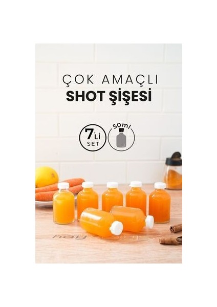 7 Adet 50 ml Shot Ginger Şişe Cam Mini Plastik Kapaklı Kavanoz Kışlık Karışım Iksir Şişesi