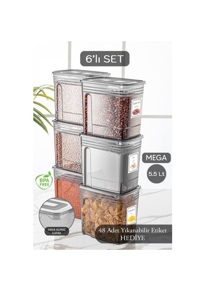 6'lı Lena Jumbo Set- Un ve Bakliyat Şeker Erzak Saklama Kabı - Dolap Kiler Düzenleyici Kutu 6x5,5 Lt
