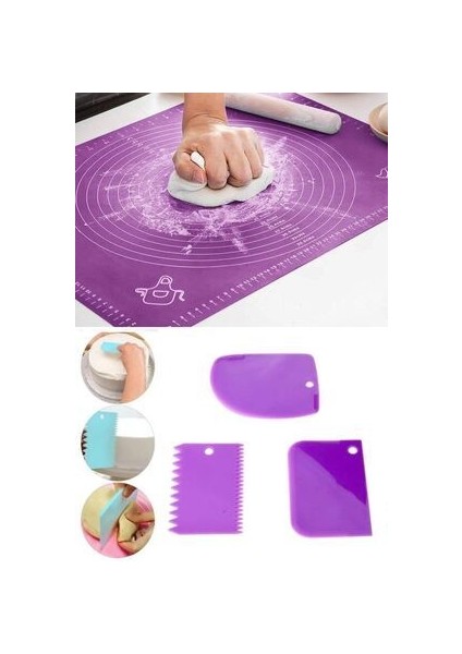 Silikon Hamur Açma Matı Ölçekli Hamur Açma Altlığı ve 3'lü Hamur Kesici Kazıyıcı Dekoratör Set