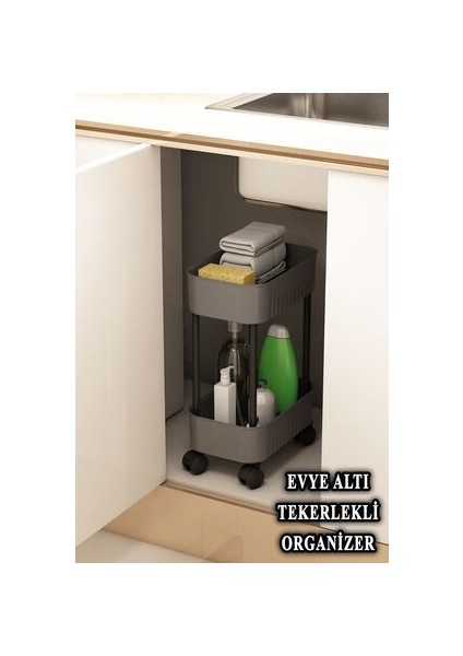Lizbon Çok Amaçlı 2 Katlı Evye Altı Düzenleyici Dolap Içi Tezgah Altı Tekerlekli Organizer -Düzenleyici