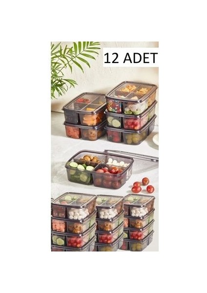 Füme Large 12 Adet Dondurulmuş 4 Bölmeli Öğünlük Et ve Sebze Saklama Kabı-Buzluk Organizeri