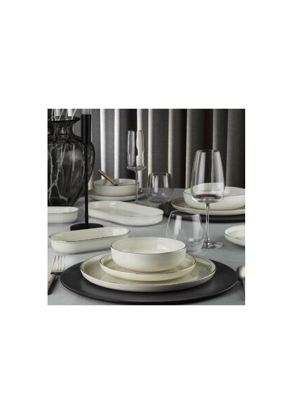 Bone Moderna 52 Parça 12 Kişilik Beyaz Platin File Desenli Şık Porselen Yemek Takımı