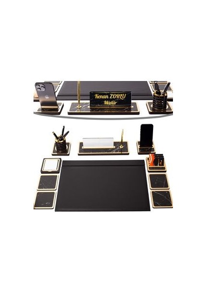 10 Parça Mermer Desenli Ahşap ve Deri Masa İsimliği Seti - 35x50 cm Boyutunda