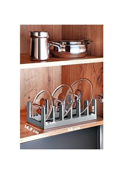 Sofra Mutfak Gereçleri Çok Amaçlı Tabak, Tava ve Tencere Kapağı Düzenleyici - Sert Plastik, 28x14,5x9 cm, Antrasit, 6 Bölmeli