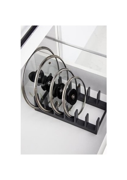 Sofra Mutfak Gereçleri Çok Amaçlı Tabak, Tava ve Tencere Kapağı Düzenleyici - Sert Plastik, 28x14,5x9 cm, Antrasit, 6 Bölmeli