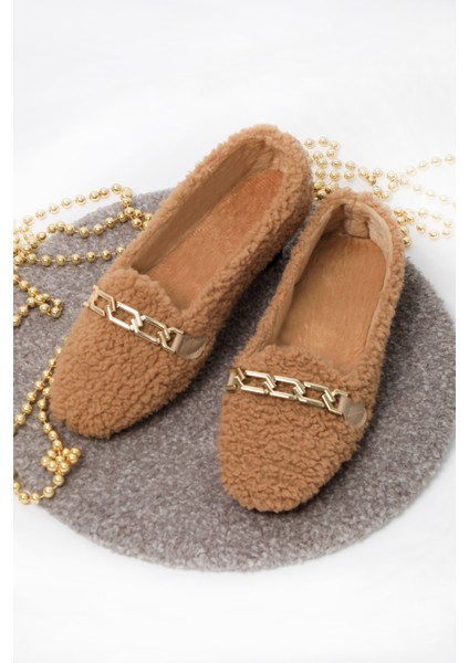 Peluş Tüylü Zincirli Kadın Ev Ayakkabısı Babet