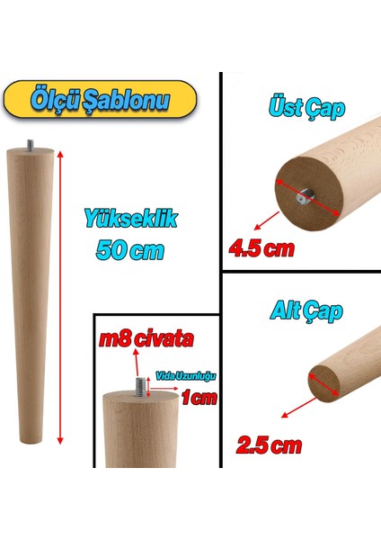 Ahşap Mobilya Ayağı 50 cm Sehpa Zigon Orta Masa Puf Tabure Tv Ünitesi Ayakları M8 Civatalı 50 cm