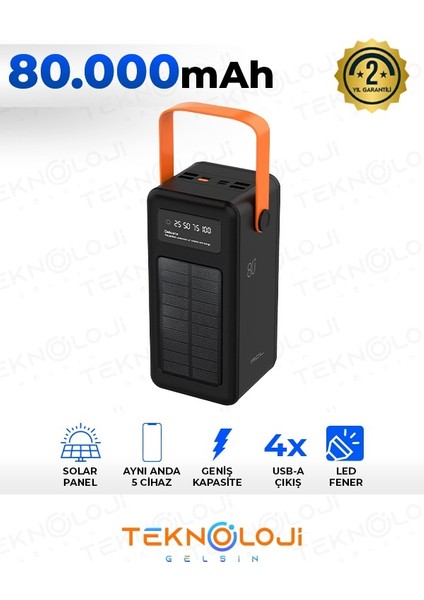 Güneş Enerjili Solar Powerbank 80.000 Mah Dijital Göstergeli Taşınabilir Batarya