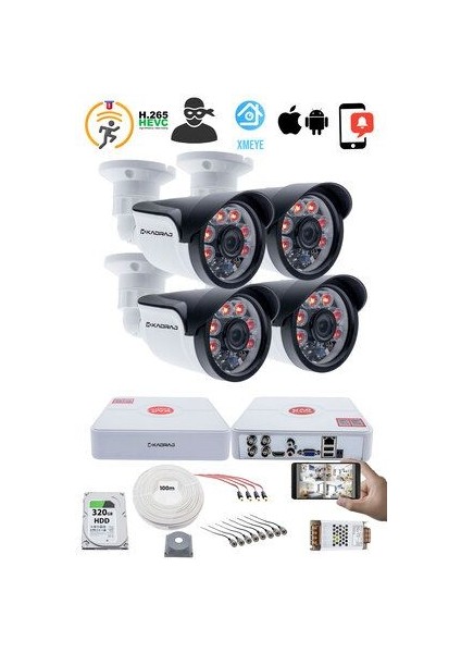 4 Kameralı Set 5mp Full Hd Güvenlik Kamerası Seti - 1080P 6 Atom LED Gece Görüşlü Su Geçirmez Plastik Kasa Full Hd Güvenlik Kamerası